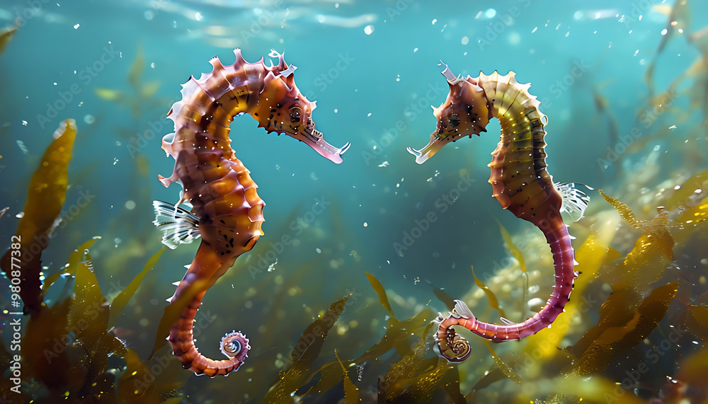Seahorses Swimming Near Seaweed