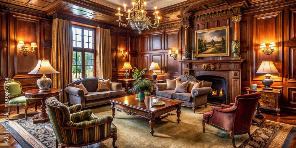Elegant sitting room with rich wood paneling, plush velvet armchairs, and ornate furnishings, evoking the grandeur of Elegant sitting room with rich wood paneling, plush velvet armchairs, and ornate furnishings, evoking the grandeur of
