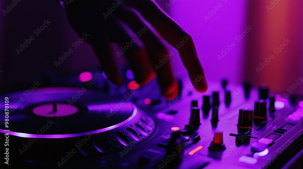 Obraz premium Close-up of DJ mixing music on a professional turntable console in vibrant purple and pink lighting, creating a party atmosphere.