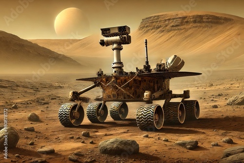A Mars rover exploring the Martian surface, surrounded by a barren, dusty landscape with rocky hills in the background