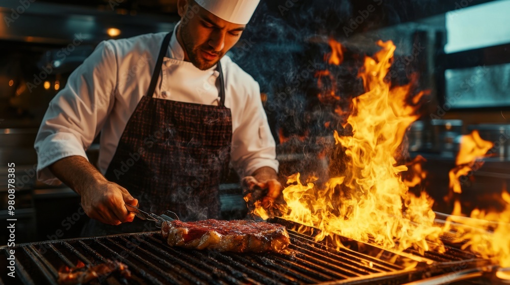 Chef grilling steak over an open flame in a restaurant kitchen. Concept of fine dining, culinary skills, and gourmet food. Chef grilling steak over an open flame in a restaurant kitchen. Concept of fine dining, culinary skills, and gourmet food.