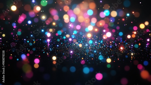 Colorful bokeh lights on dark background. Concept of celebration, festivity, joy and happiness.
