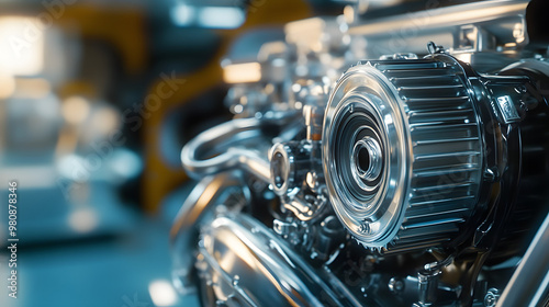 A close-up of a car engine, showcasing its intricate components.