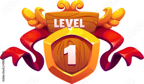 Game level up badge icon of victory rank shield for GUI interface popup, vector banner. 1 level up badge with wooden shield and ribbon for arcade video game and first level achievement reward
