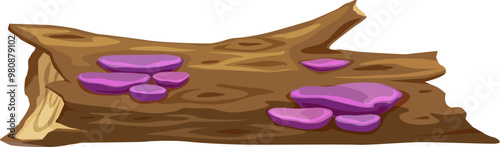 Cartoon wooden log with purple fungi growing on it. Isolated vector jungle, landscape, prehistoric dinosaur era environment game asset, natural forest element, fallen tree trunk with vibrant mushrooms