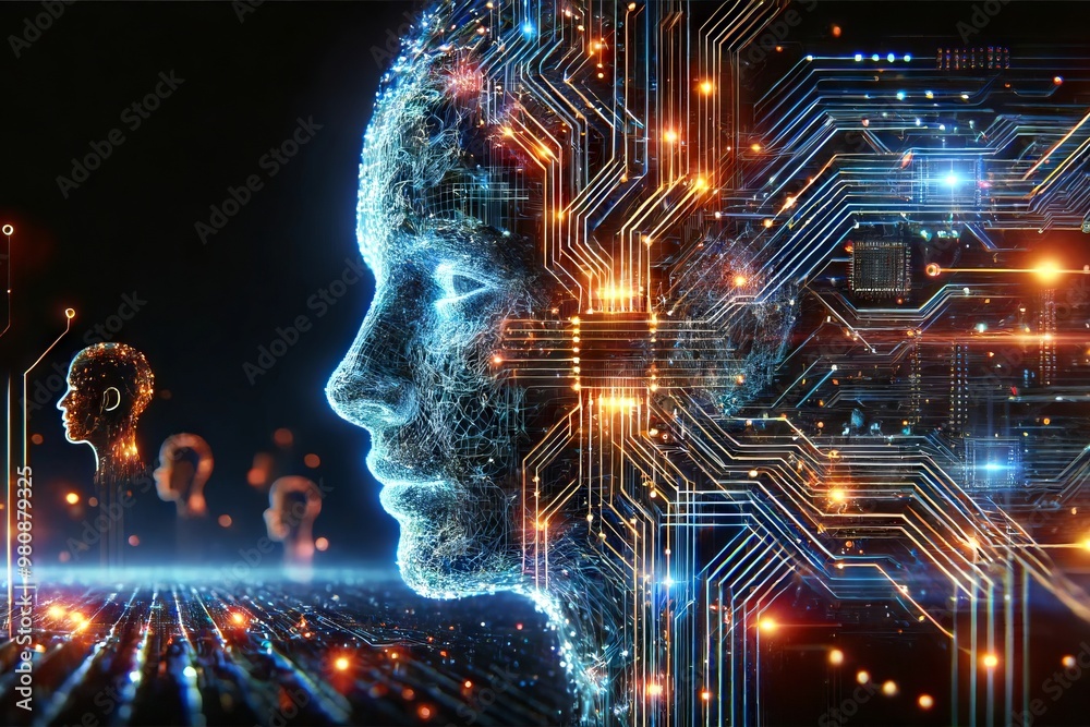 A futuristic digital representation of a human face composed of glowing neon lines and circuits A futuristic digital representation of a human face composed of glowing neon lines and circuits