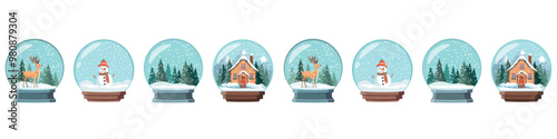 Seamless pattern with snow globes with winter scenes. Illustrations on Christmas theme. Design for winter season or Christmas.
