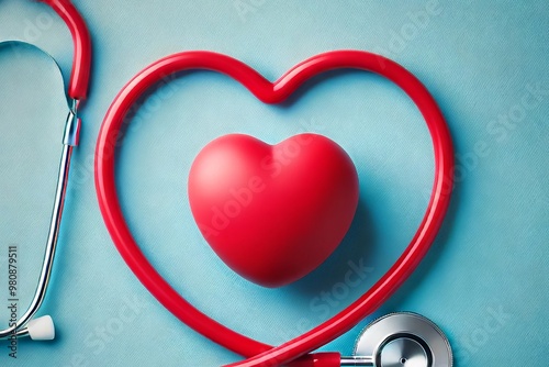 A close-up of a red stethoscope and heart on a bright blue background. The stethoscope is arranged in a heart-like shape, symbolizing healthcare and heart health.