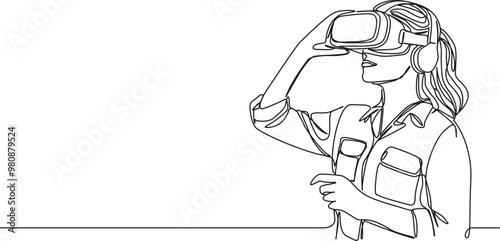 continuous single line drawing of woman wearing VR headset, line art vector illustration