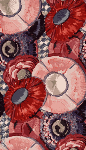 Abstract , bold floral pattern in red, pink and purple hues, resembling poppies or anemones, creates a vibrant and stylized design.