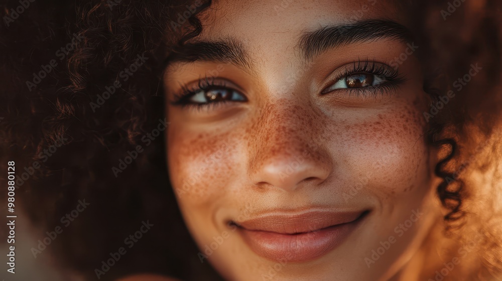  A close-up of a person smiling gently, eyes twinkling with affection, warm light illuminating their face, capturing a feeling of love and connection