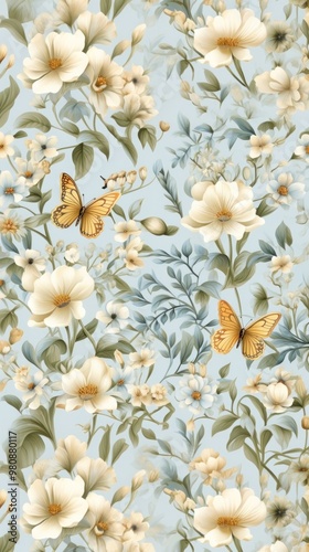 Floral wallpaper flower butterfly pattern. photo