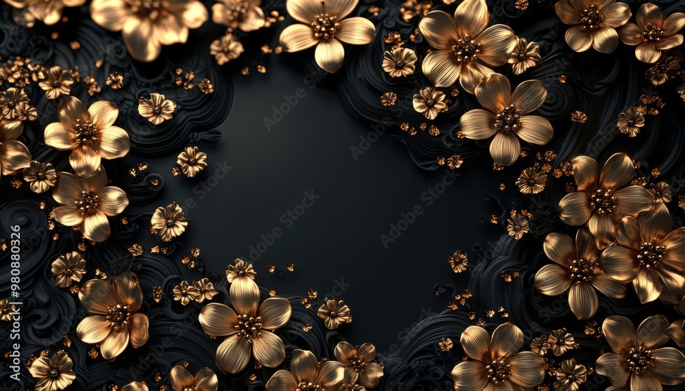 Golden Flowers on Black Swirling Background Golden Flowers on Black Swirling Background