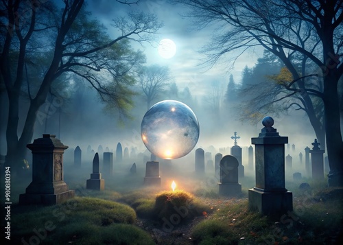 Ethereal luminous sphere hovering above ancient cemetery's weathered headstones at dusk, surrounded by misty fog, eerie photo