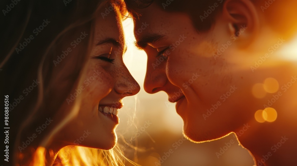 A joyful couple embracing, close-up of their faces lit by the golden sun, eyes sparkling with happiness, emotional and vibrant, cinematic A joyful couple embracing, close-up of their faces lit by the golden sun, eyes sparkling with happiness, emotional and vibrant, cinematic