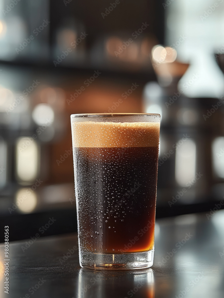 Cold brew coffee in a glass with frothy top on a cafe counter. Cold brew coffee in a glass with frothy top on a cafe counter.