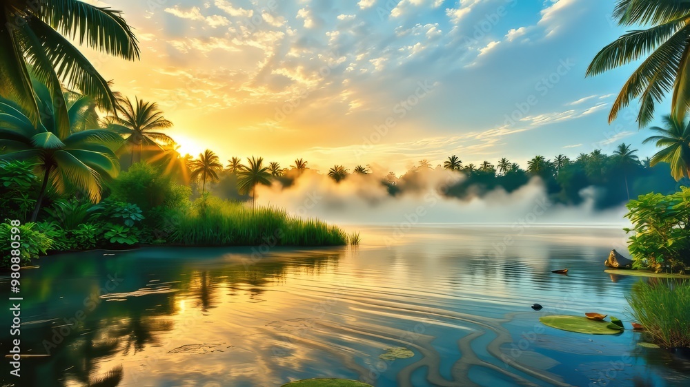 Obraz premium A serene tropical morning landscape featuring a tranquil lake surrounded by lush greenery, with a misty veil rising