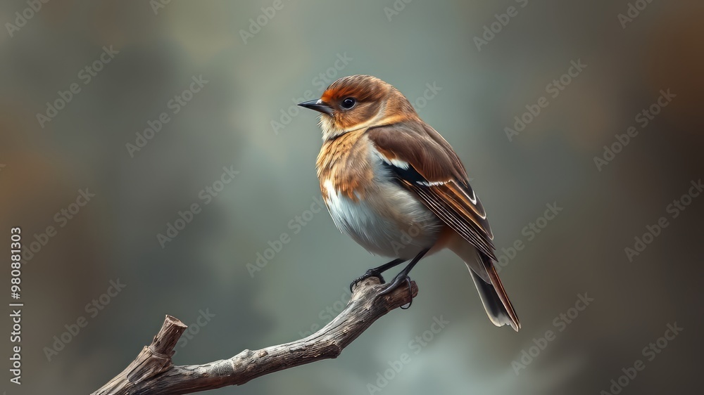 Fototapeta premium A small brown bird with a rounded body, long tail, and distinctive white markings on its wings and