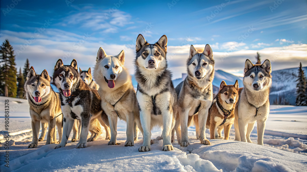 Naklejka premium Nine playful sled dogs gather in the snow, showcasing their unique coats and expressions against a stunning backdrop of mountains and a clear blue sky