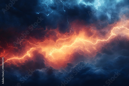 Abstract depiction of a thunderstorm with jagged lines representing lightning over dark clouds photo