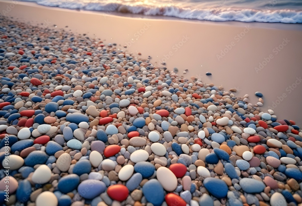 Obraz premium Smooth, multicolored pebbles line the shore, gently kissed by ocean waves under the soft glow of the setting sun.