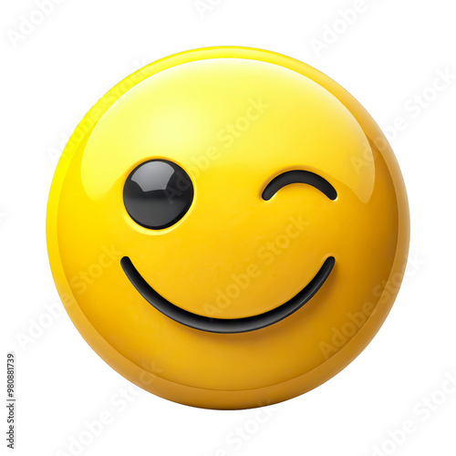 A yellow shiny smiley face with a winking eye and a wide black mouth, looking cheerful and friendly. Transparent background