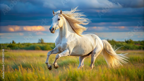 A stunning white horse runs freely in a lush green field, its mane flowing in the wind, as evening sunlight illuminates the dramatic clouds above