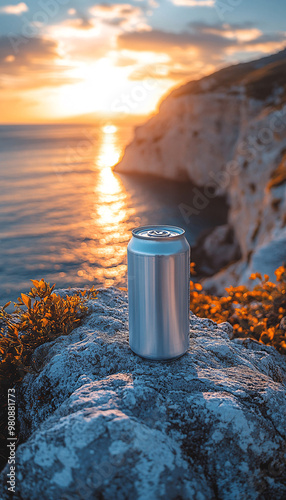 Can of fresh soda with water drops on background, closeup 