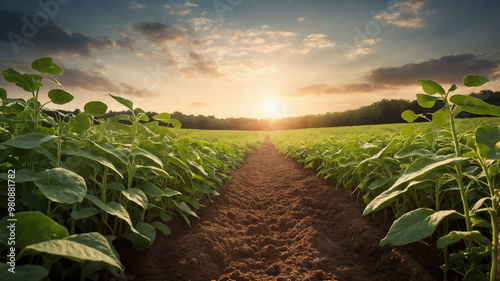 Dew-kissed soybean plants bask in the golden sunrise, their tender pods nestled among lush leaves, thriving in the cool, peaceful morning