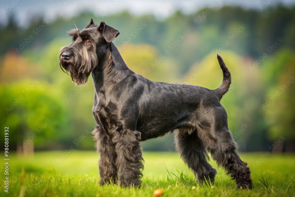 Black schnauzer dog standing in profile, facing left, on a grass field Black schnauzer dog standing in profile, facing left, on a grass field