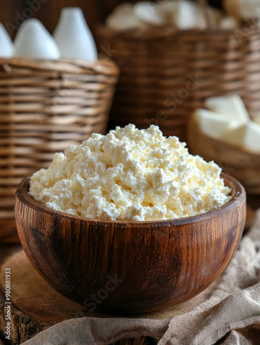 Bowl of fresh cottage cheese on a rustic wooden table.