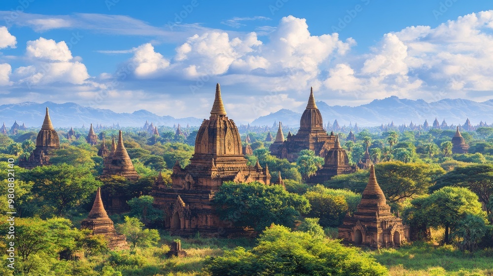 Ancient temples of Bagan with a panoramic view. Ancient temples of Bagan with a panoramic view.