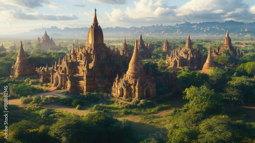 Ancient temples of Bagan with a panoramic view.