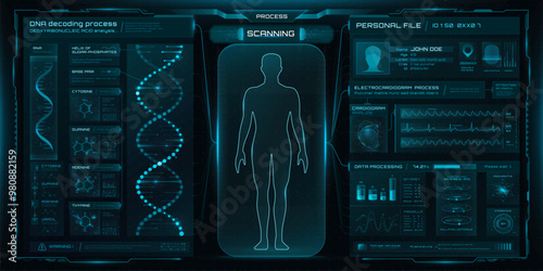 HUD medicine, health care and medical graphs or charts. Futuristic interface with human body hologram scanning process alongside DNA decoding and personal data display. Modern science and technology