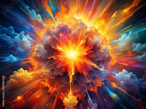 Fiery explosion of vibrant colors bursting from the center, radiating intense energy and dynamic movement, capturing photo