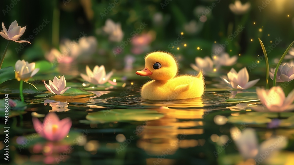 illustration of a cute baby duck swimming in a sunlit pond surrounded by blooming water lilies illustration of a cute baby duck swimming in a sunlit pond surrounded by blooming water lilies