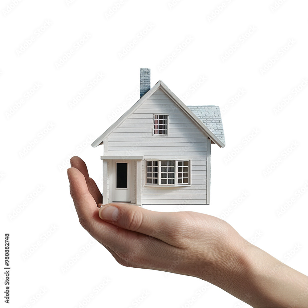 A hand holding 3d house model isolated on transparent background, real estate concept PNG file A hand holding 3d house model isolated on transparent background, real estate concept PNG file