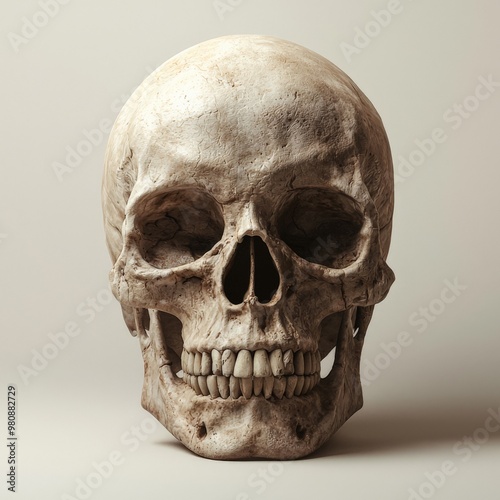 3D-rendered skull with realistic textures, detailed and lifelike, neutral background