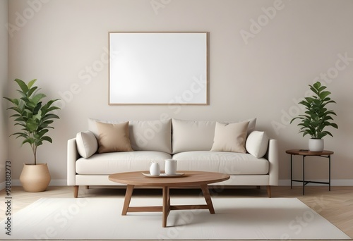 A minimalist living room with a beige sofa, wooden coffee table, and a blank white mockup on the wall