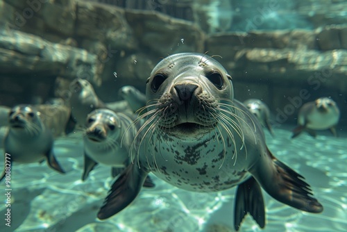 Arctic seals at the zoo play and swim in the pool. Underwater footage photo