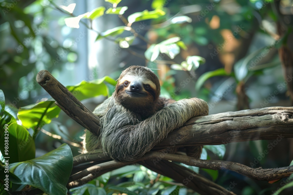 Serene image of a sloth lounging among the branches in a lush canopy within its zoo habitat Serene image of a sloth lounging among the branches in a lush canopy within its zoo habitat