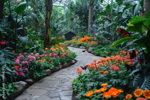 a plant exhibition in a botanical garden among bright flowers and lush greenery and butterflies photo