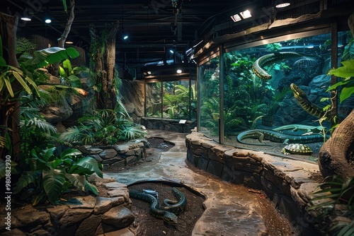 Reptiles inside a terrarium at a zoo photo