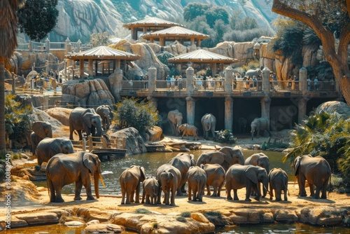 A family of elephants gathered in a spacious enclosure at the zoo photo