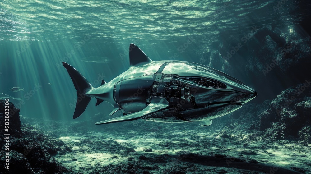 Fototapeta premium A robotic shark swims just above the ocean floor, its sleek design contrasting with the organic textures of the seabed.