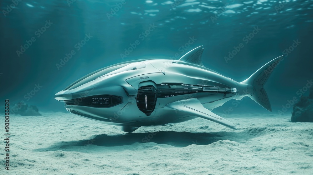 Fototapeta premium A robotic shark swims powerfully near the ocean floor, its sleek, futuristic body contrasting against the sandy seabed.