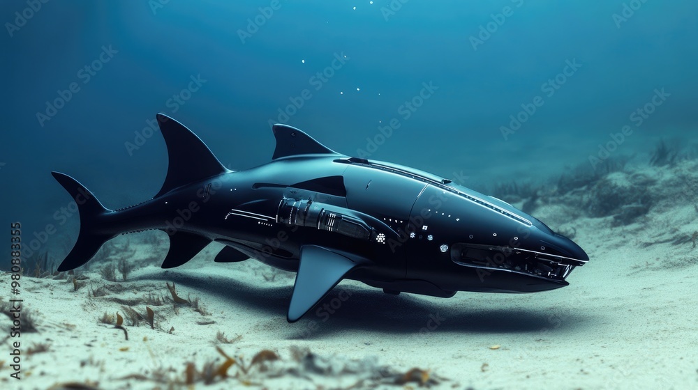 A robotic shark swims powerfully near the ocean floor, its sleek, futuristic body contrasting against the sandy seabed.