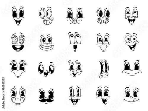 Cartoon funny comic groovy face, eye emotion and retro cute emoji characters set. Vintage facial expression emoticons vector personages, happy faces with smiles, mouths and teeth, mustache and tongue