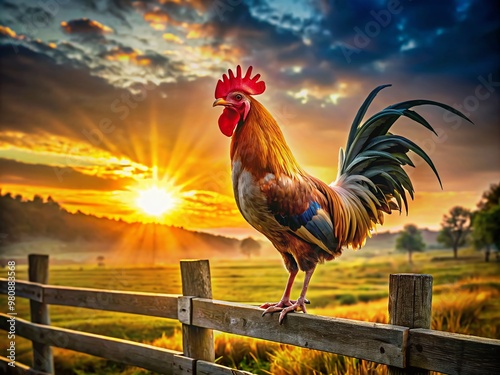 Golden light of sunrise illuminates a proud rooster perched on a wooden fence, loudly crowing to announce the dawn of a new day.