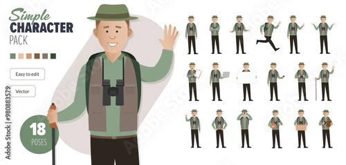 Simple flat outdoor explorer male vector character in a set of multiple poses. Easy to edit and isolated on a white background. Modern trendy style character mega pack with lots of poses.	
